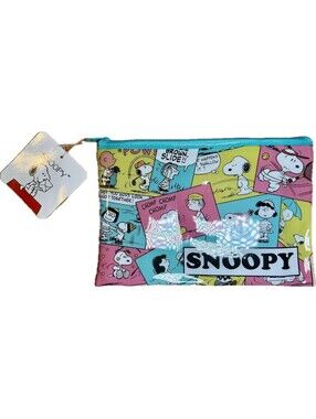 Snoopy Peanuts Vintage Comic Strip Flat Zipper Pouch PVC Travel Makeup Case NWT